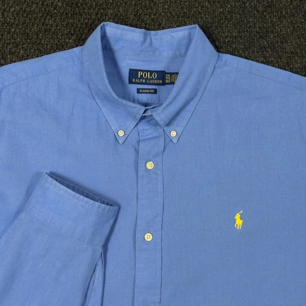 Polo Ralph Lauren Linen Blend Button Down Men XXL Blue Classic Fit Yellow Pony